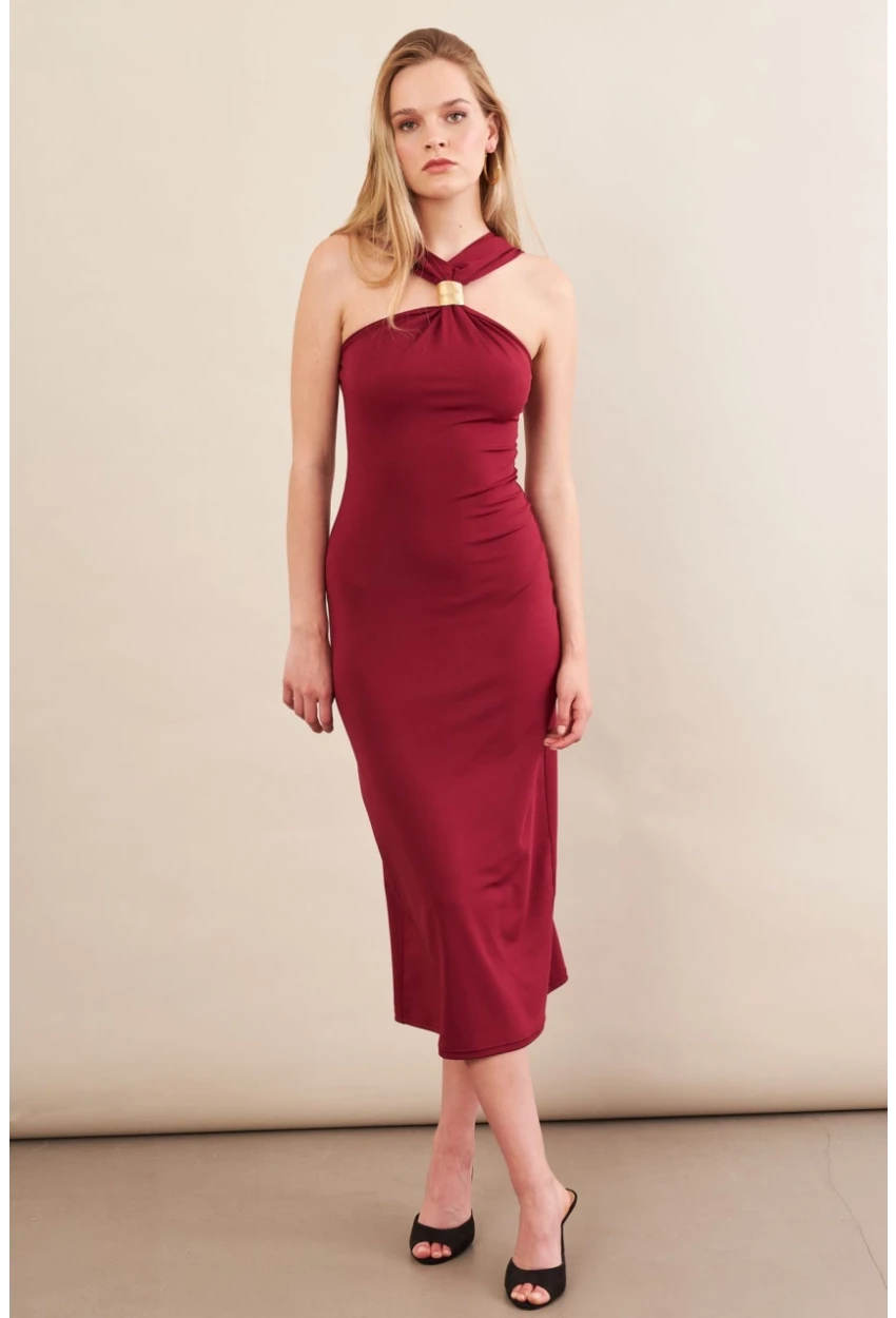 Kadın Bordo Aksesuarlı Midi Elbise İRE101
