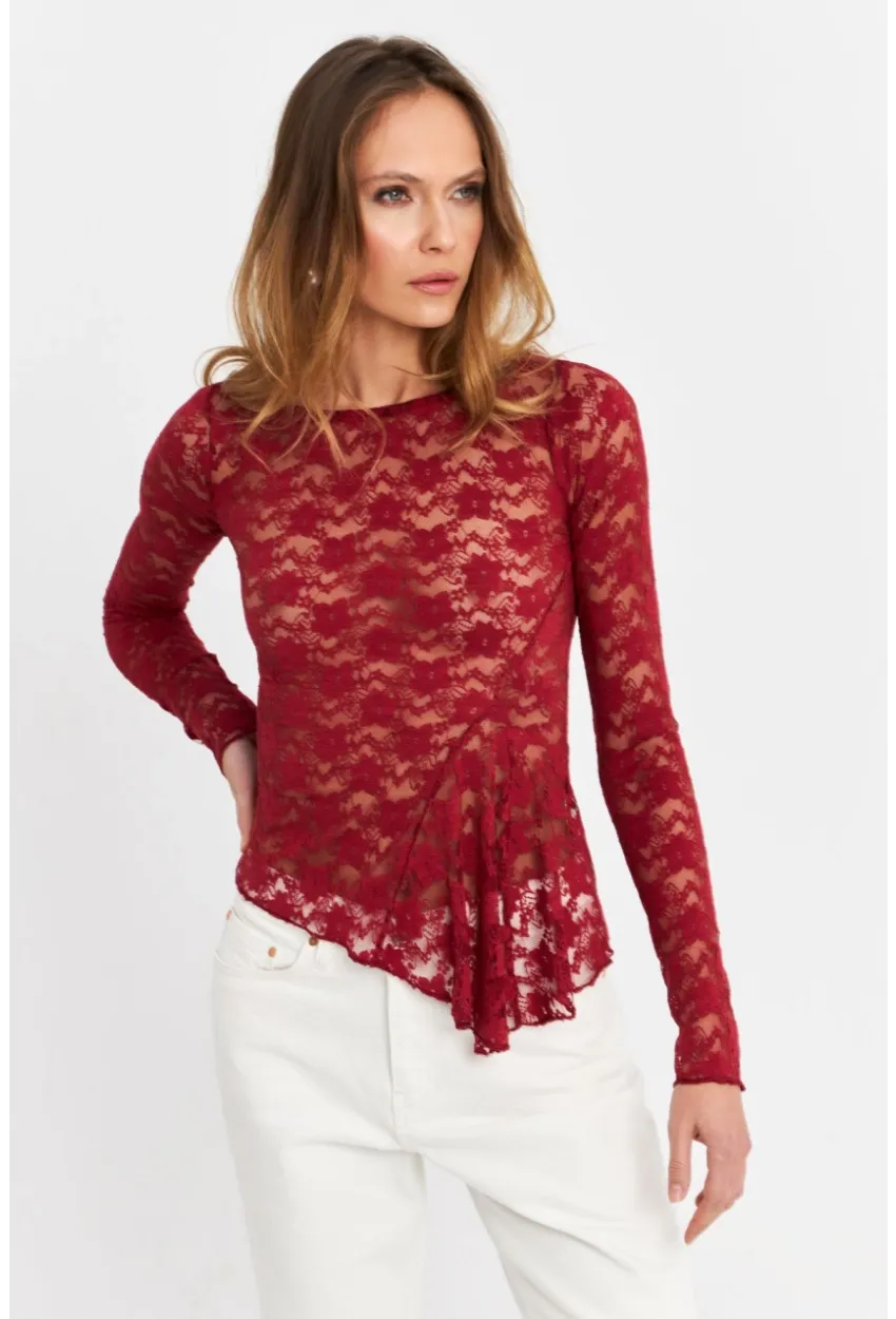 Kadın Bordo Asimetrik Dantel Bluz MTK13288