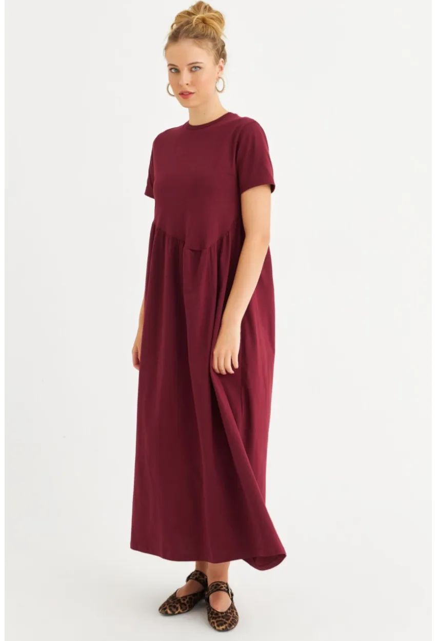 Kadın Bordo Asimetrik Dikişli Maxi Elbise MDMR440