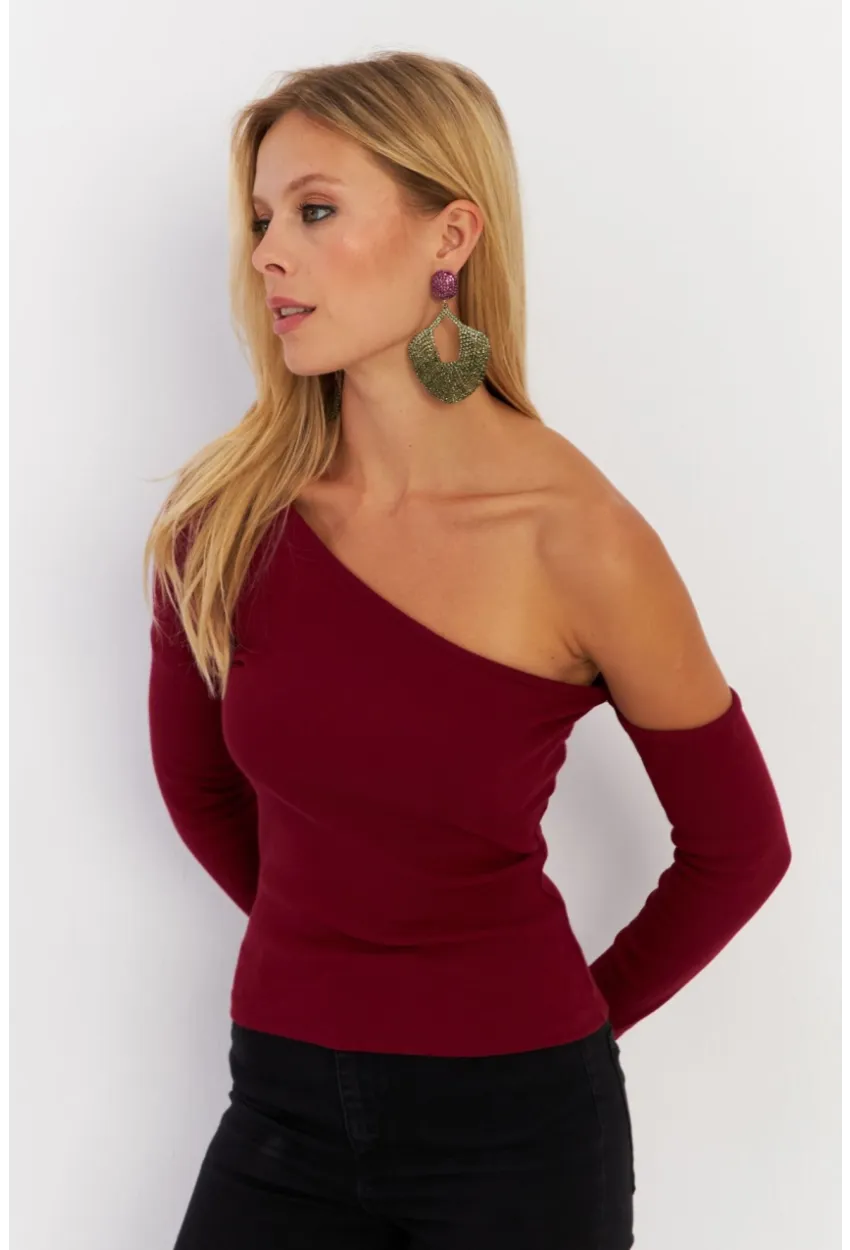 Kadın Bordo Asimetrik Kollu Kaşkorse Bluz HOR1