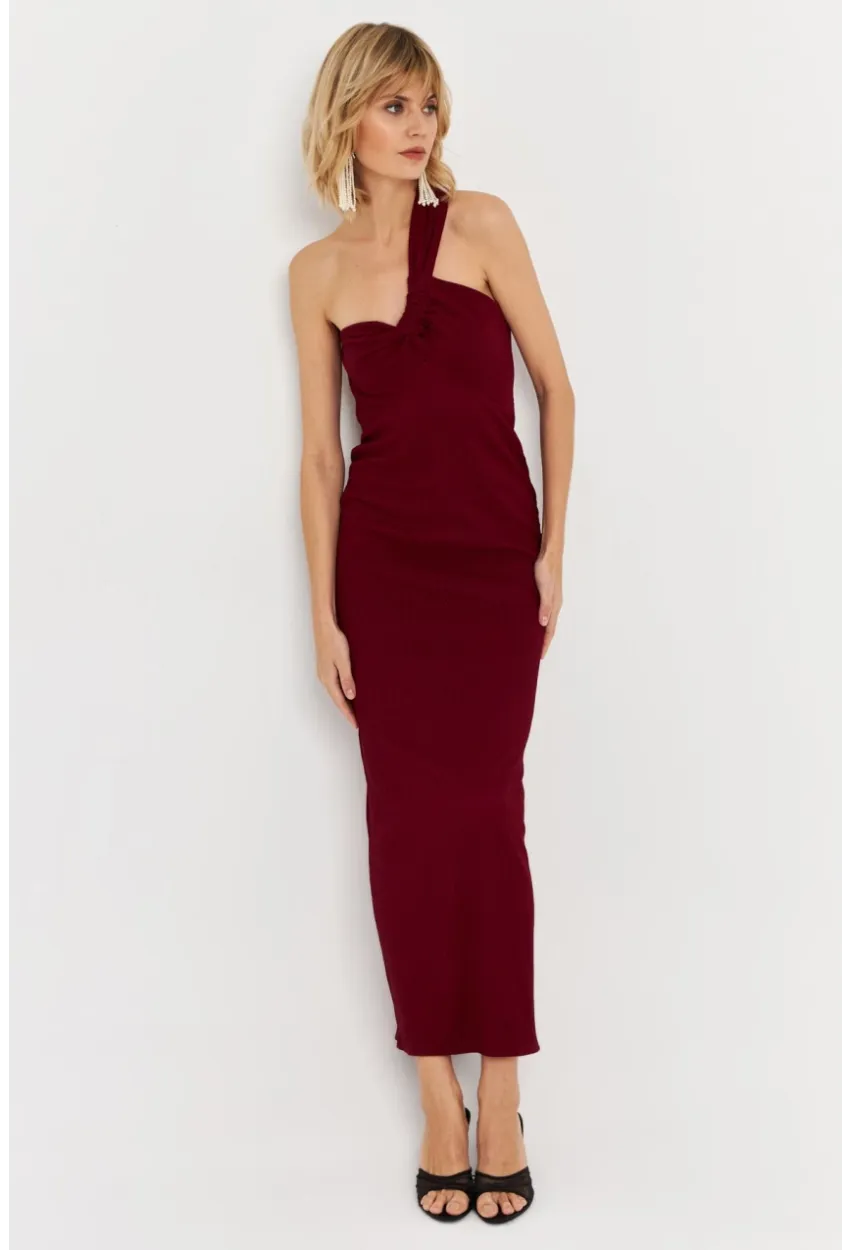 Kadın Bordo Asimetrik Yaka Maxi Elbise NH25455