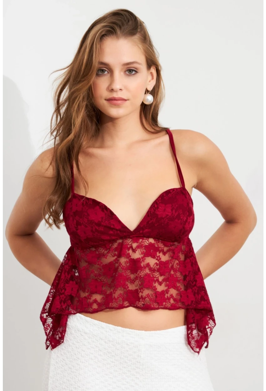 Kadın Bordo Askılı Dantel Crop Bluz MTK13458