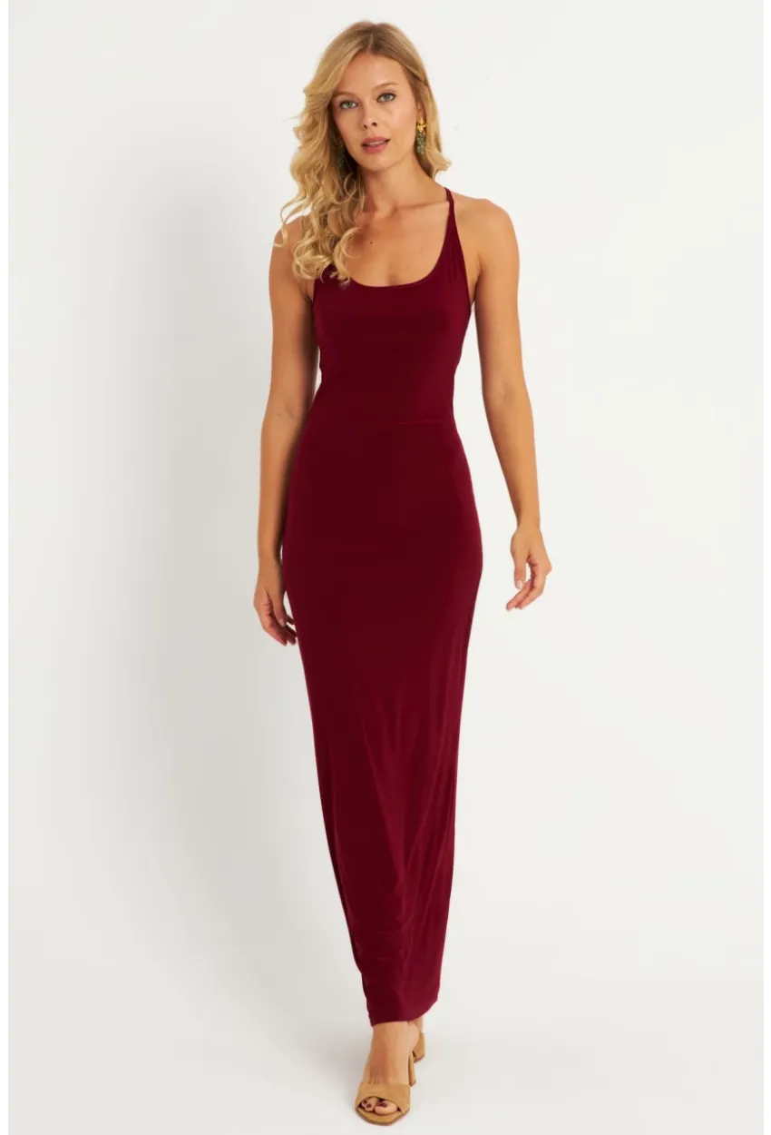 Kadın Bordo Ayarlanabilir Askılı Maxi Elbise MEN2004