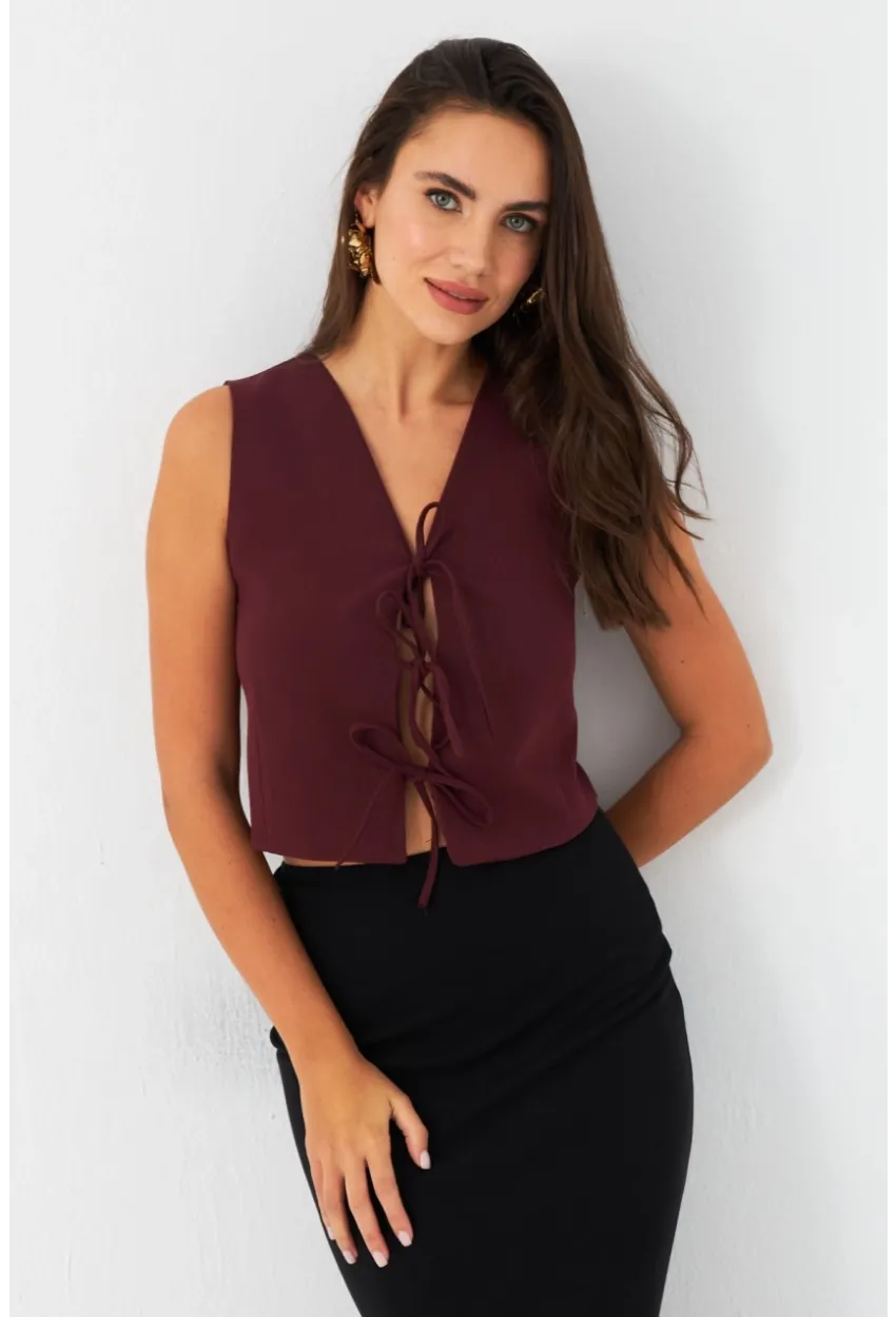 Kadın Bordo Bağlama Detaylı Astarlı Yelek ELA6645