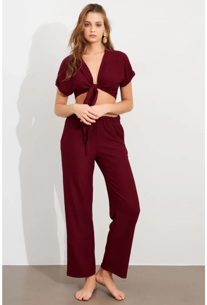 Kadın Bordo Bağlamalı Bürümcük Takım Q1012