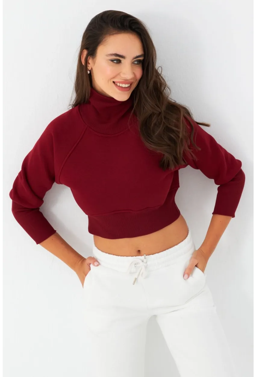 Kadın Bordo Balıkçı Crop Sweatshirt DY1469