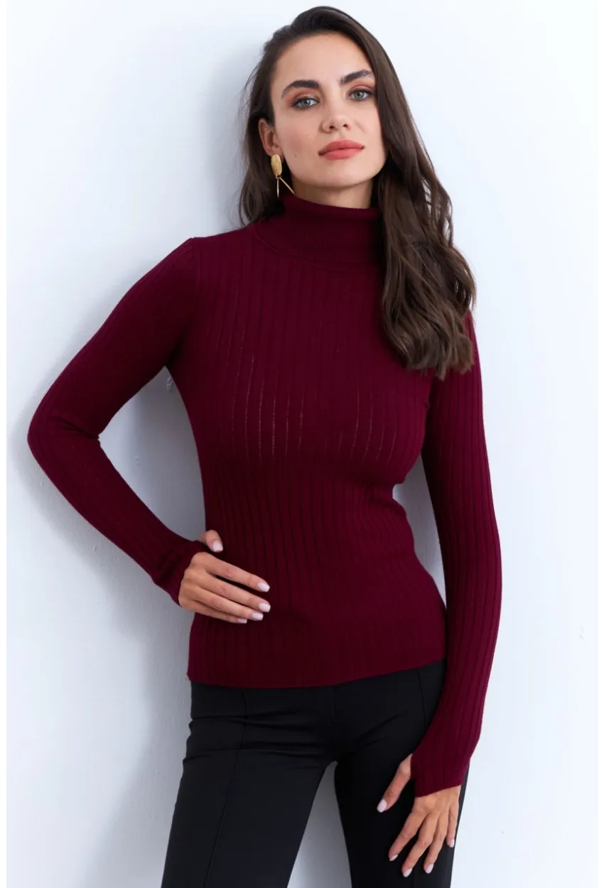 Kadın Bordo Balıkçı Yaka Triko Bluz MYV102-90