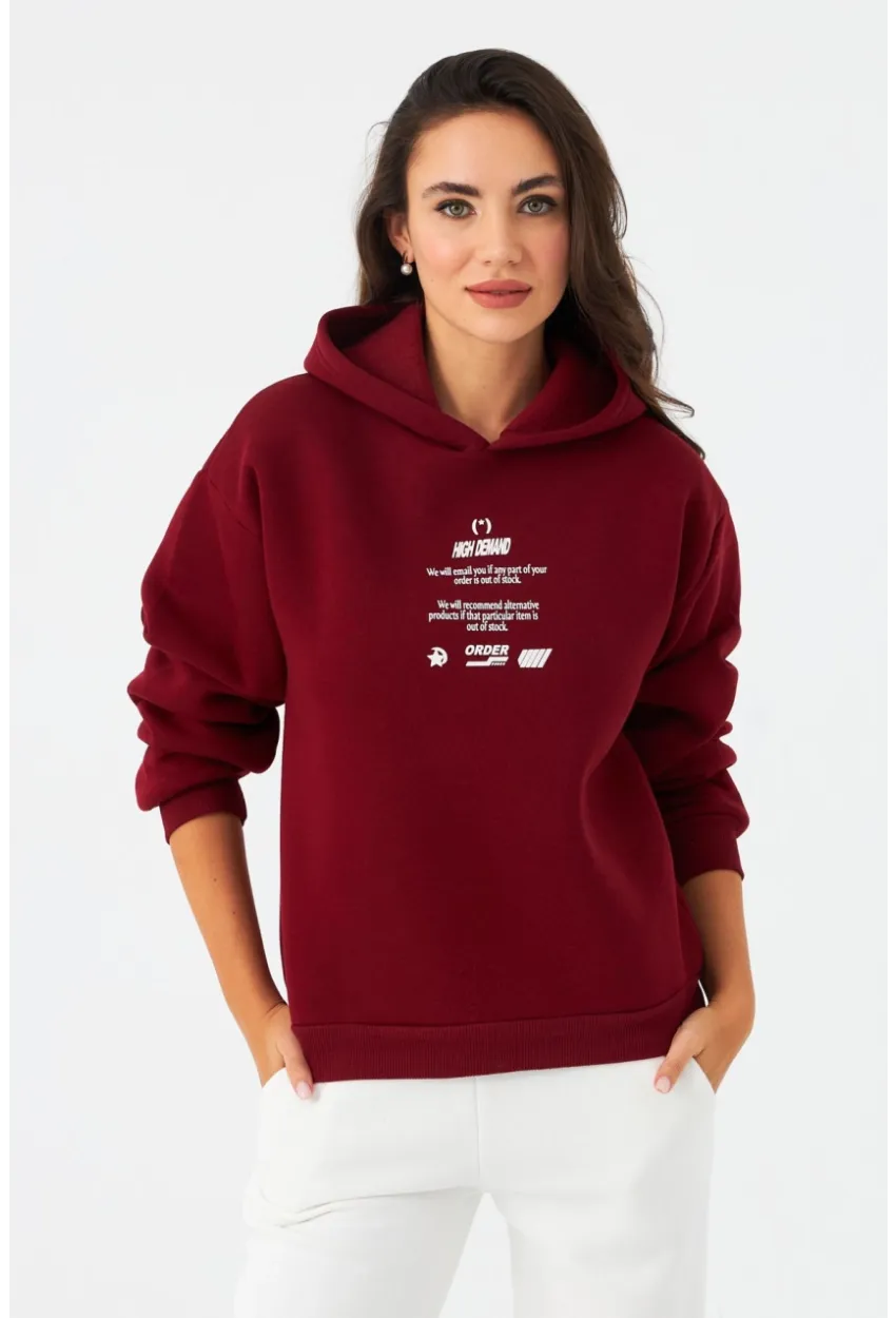 Kadın Bordo Baskılı Kapüşonlu Sweatshirt DY1451