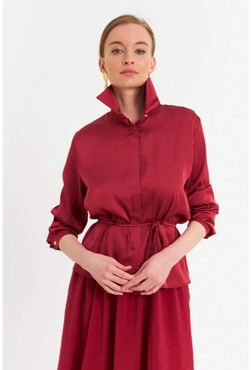 Kadın Bordo Beli Bağlamalı Saten Gömlek MMRS4212