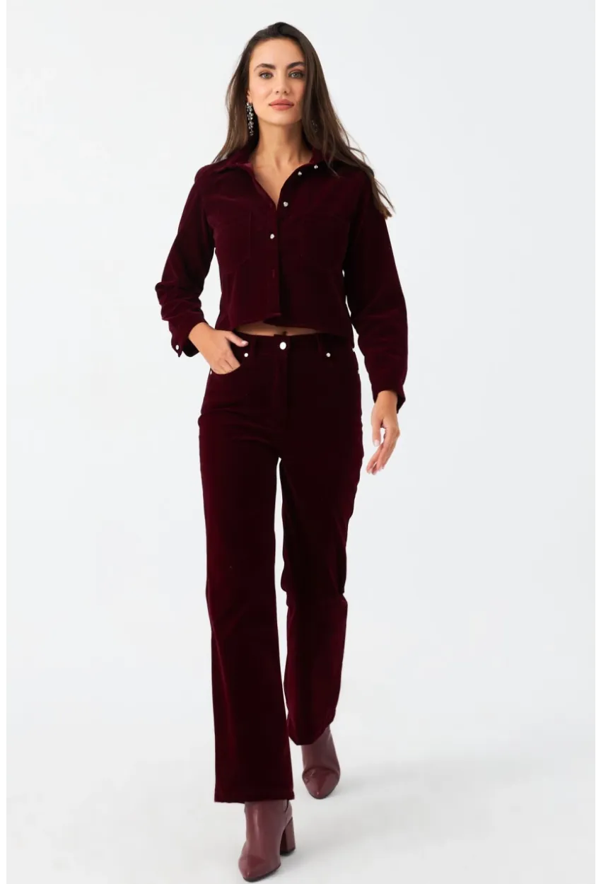 Kadın Bordo Beli Lastikli Kadife Pantolon CAR1076
