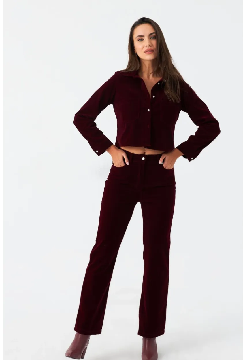 Kadın Bordo Beli Lastikli Kadife Pantolon CAR1076