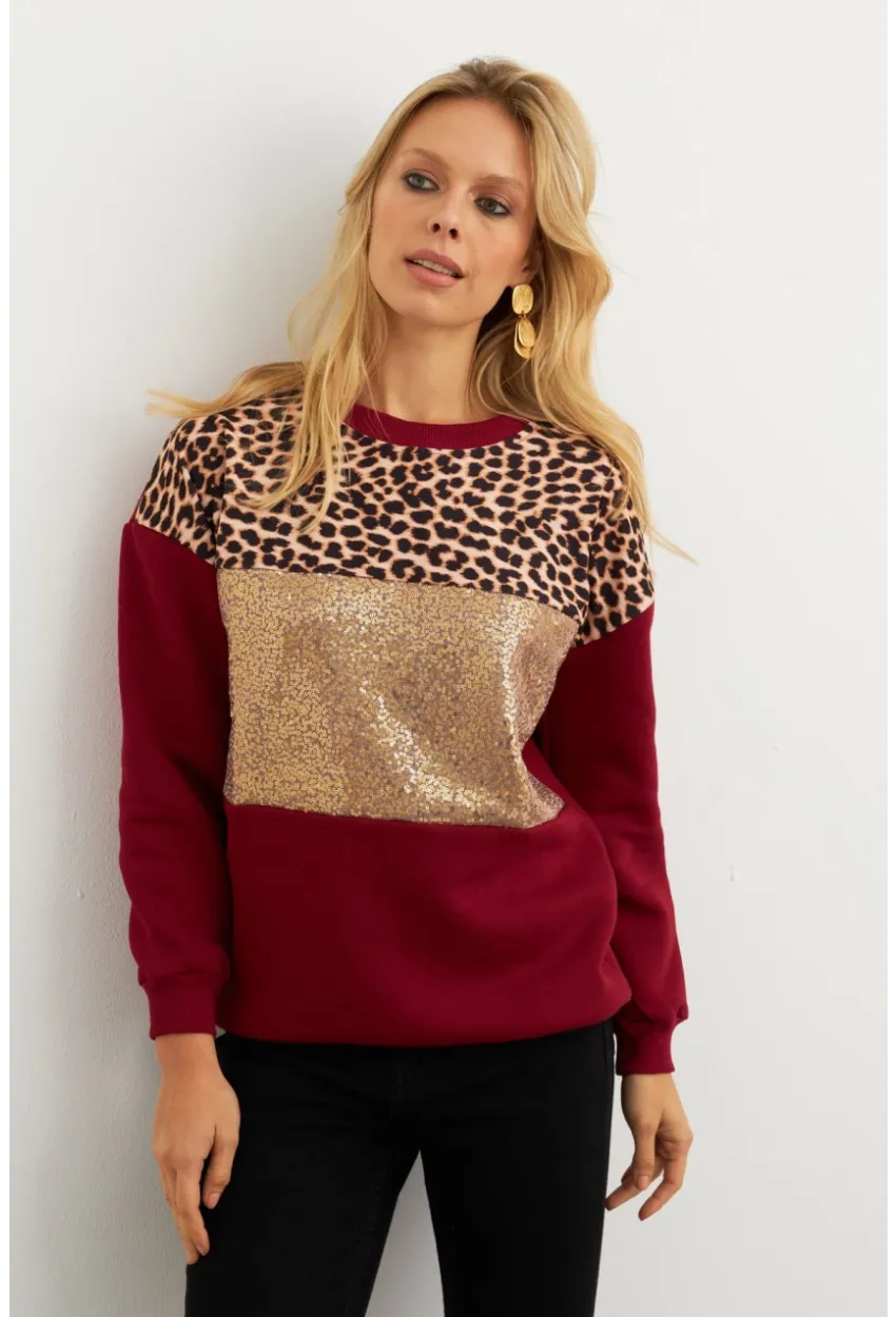 Kadın Bordo Bloklu Sweatshirt MST098