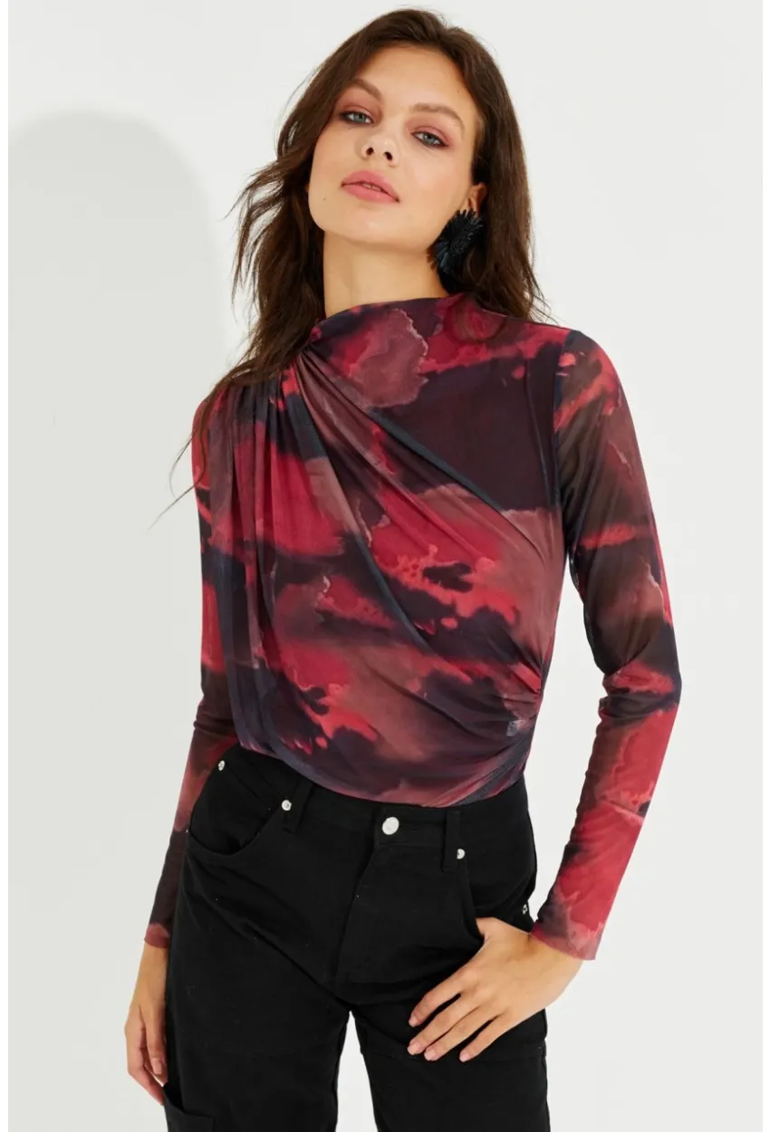 Kadın Bordo Büzgülü Astarlı Tül Bluz LPP1231