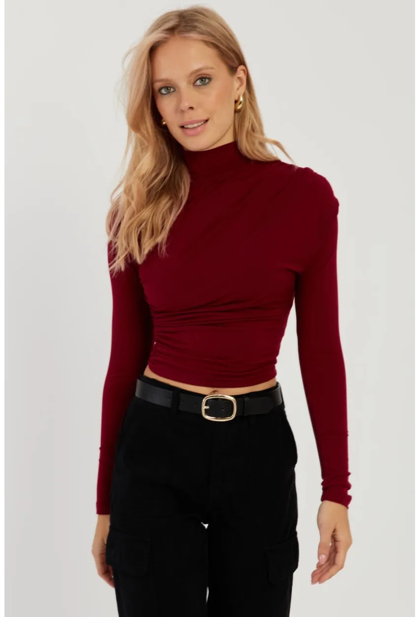 Kadın Bordo Büzgülü Kısa Bluz MEN2023-90