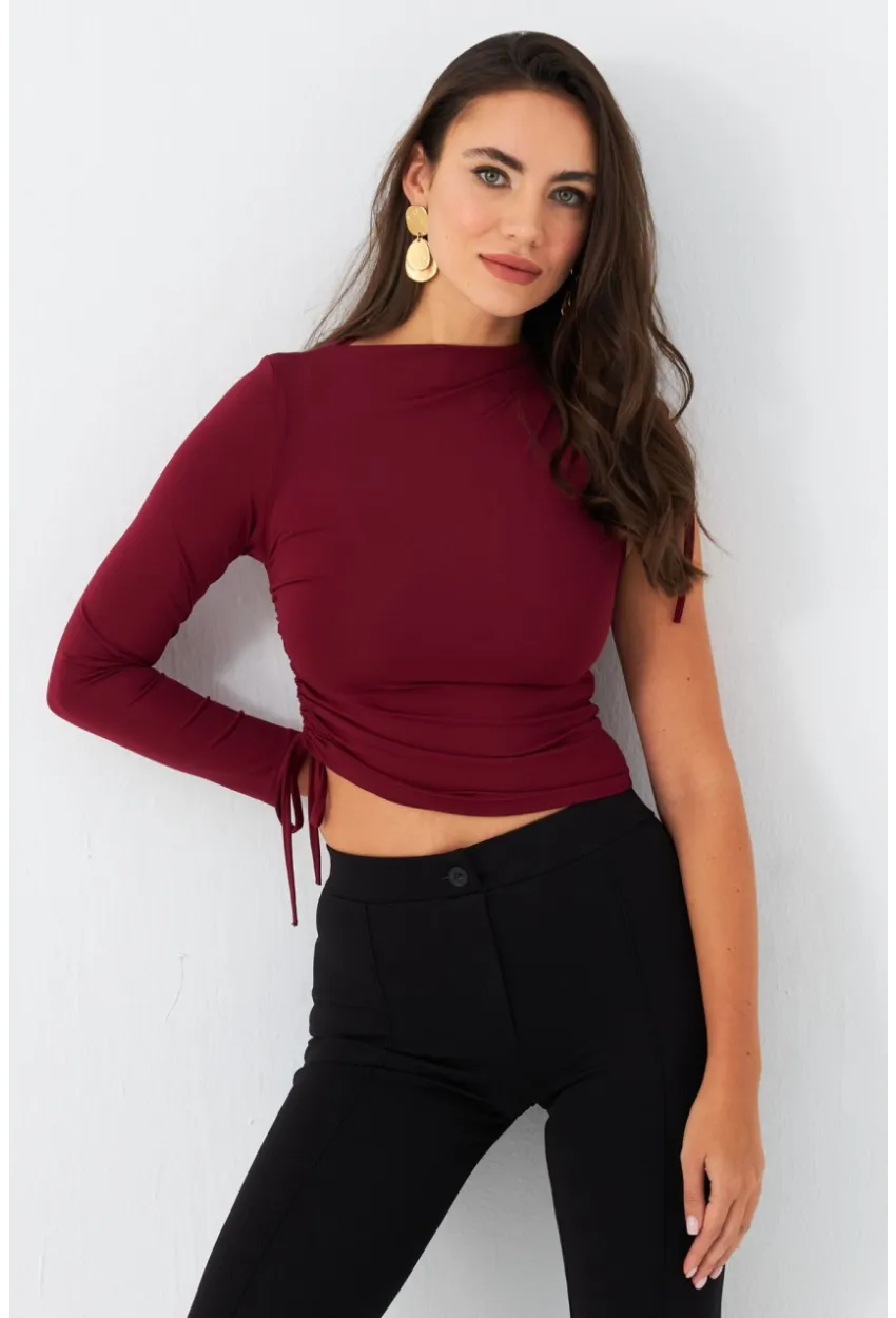 Kadın Bordo Büzülebilir Tek Kol Bluz CG390