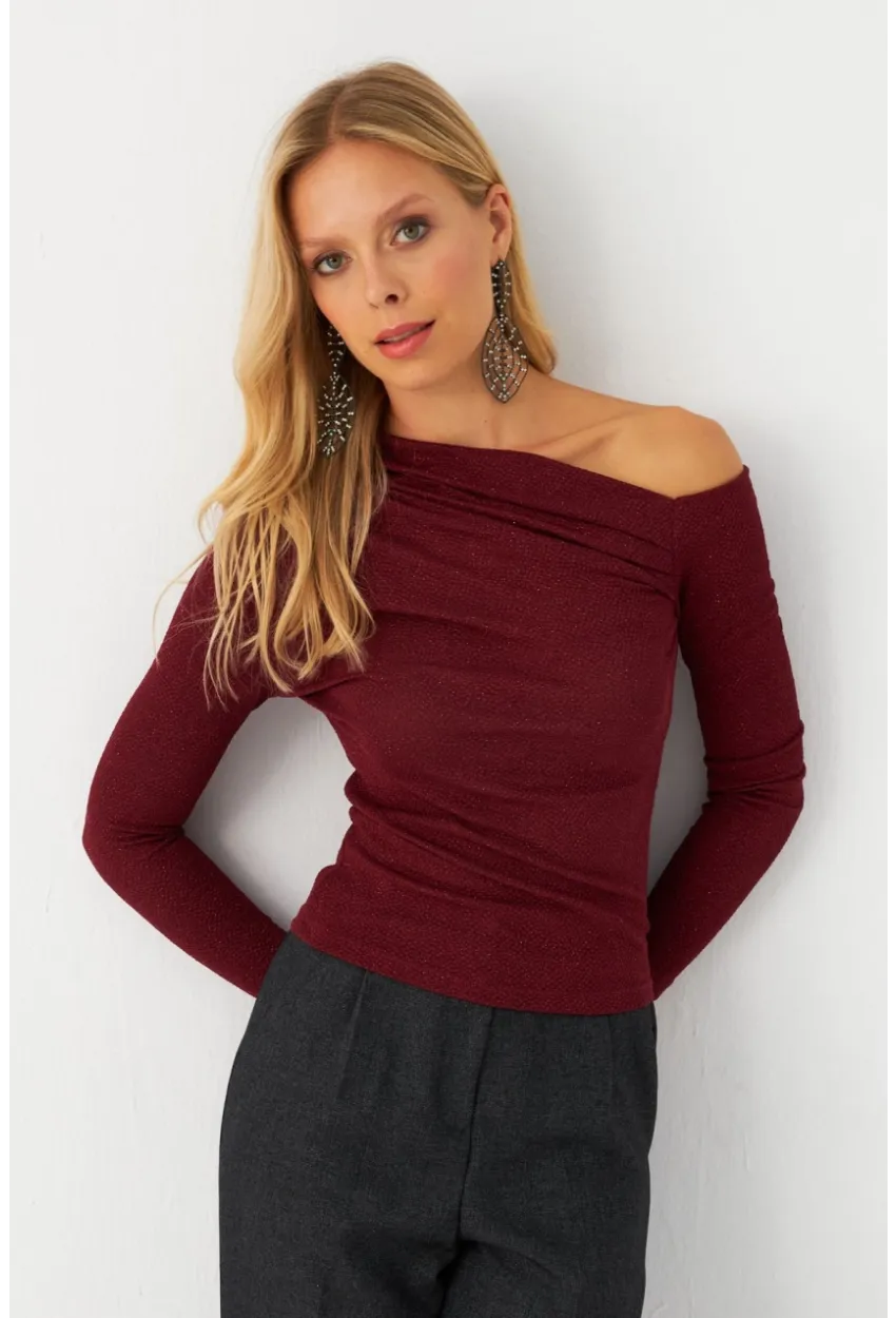 Kadın Bordo Çapraz Yaka Simli Bluz ERL10060