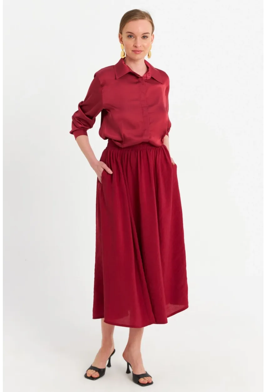Kadın Bordo Cepli Midi Etek MSH20194