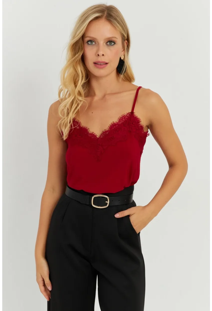 Kadın Bordo Dantel Detaylı Atlet AYD265