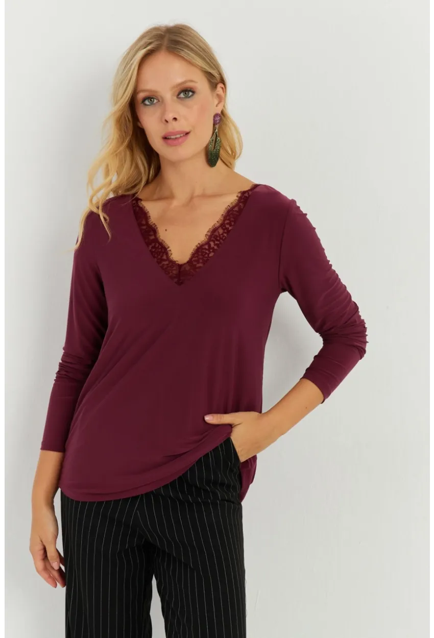 Kadın Bordo Dantel Detaylı Bluz AYD264