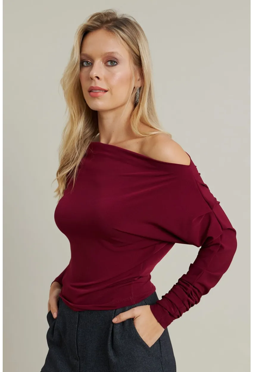 Kadın Bordo Degaje Yaka Bluz DMR382-1