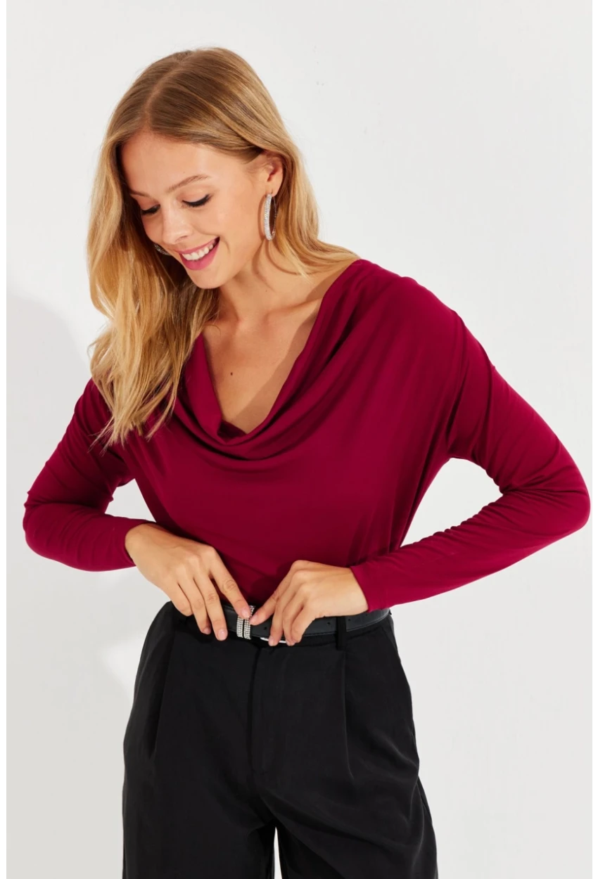 Kadın Bordo Degaje Yaka Bluz LPP1234