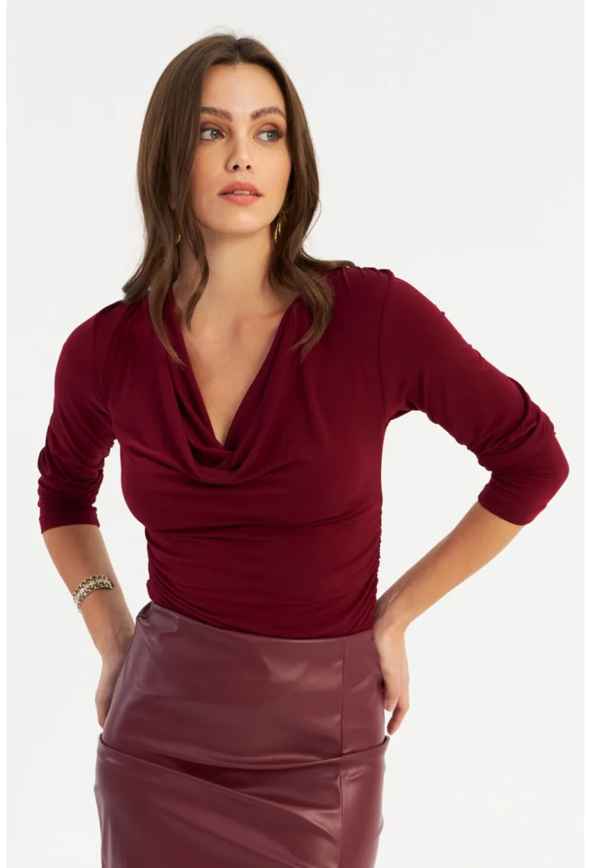 Kadın Bordo Degaje Yaka Büzgülü Bluz FRY2248