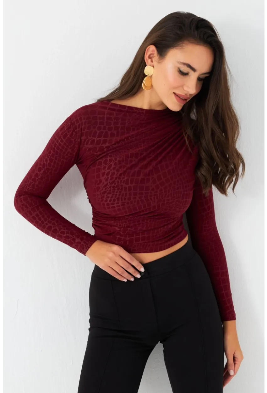 Kadın Bordo Desenli Büzgülü Bluz LPP1279