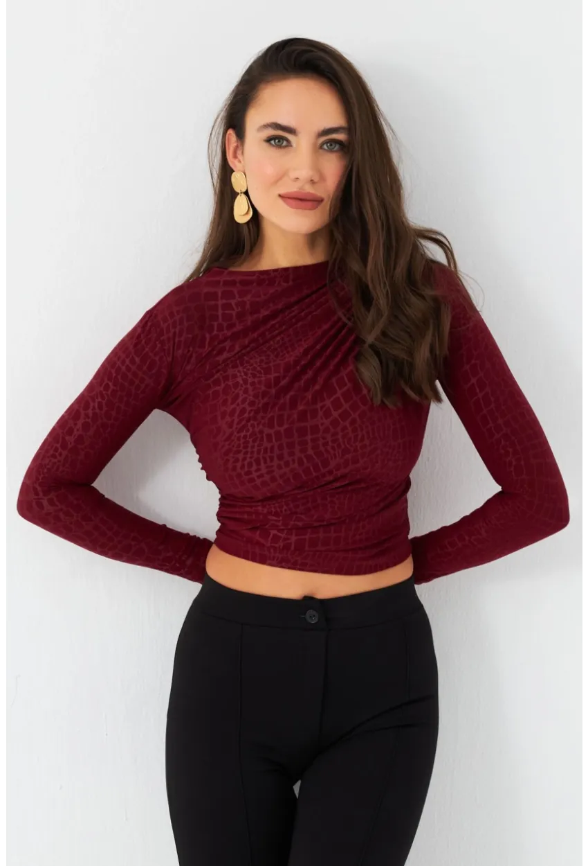 Kadın Bordo Desenli Büzgülü Bluz LPP1279