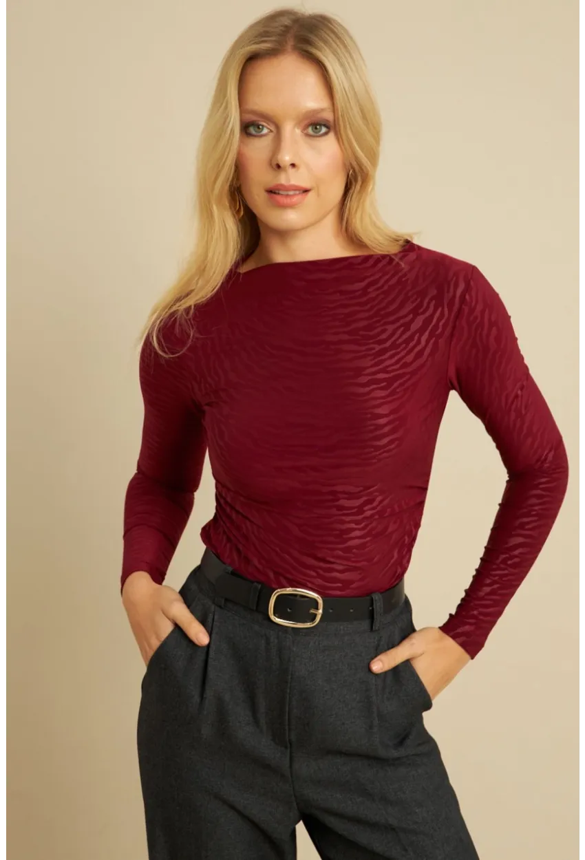 Kadın Bordo Desenli Büzgülü Bluz LPP1298