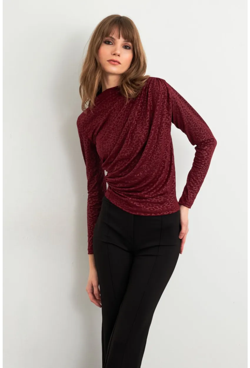 Kadın Bordo Desenli Büzgülü Bluz LPP1299