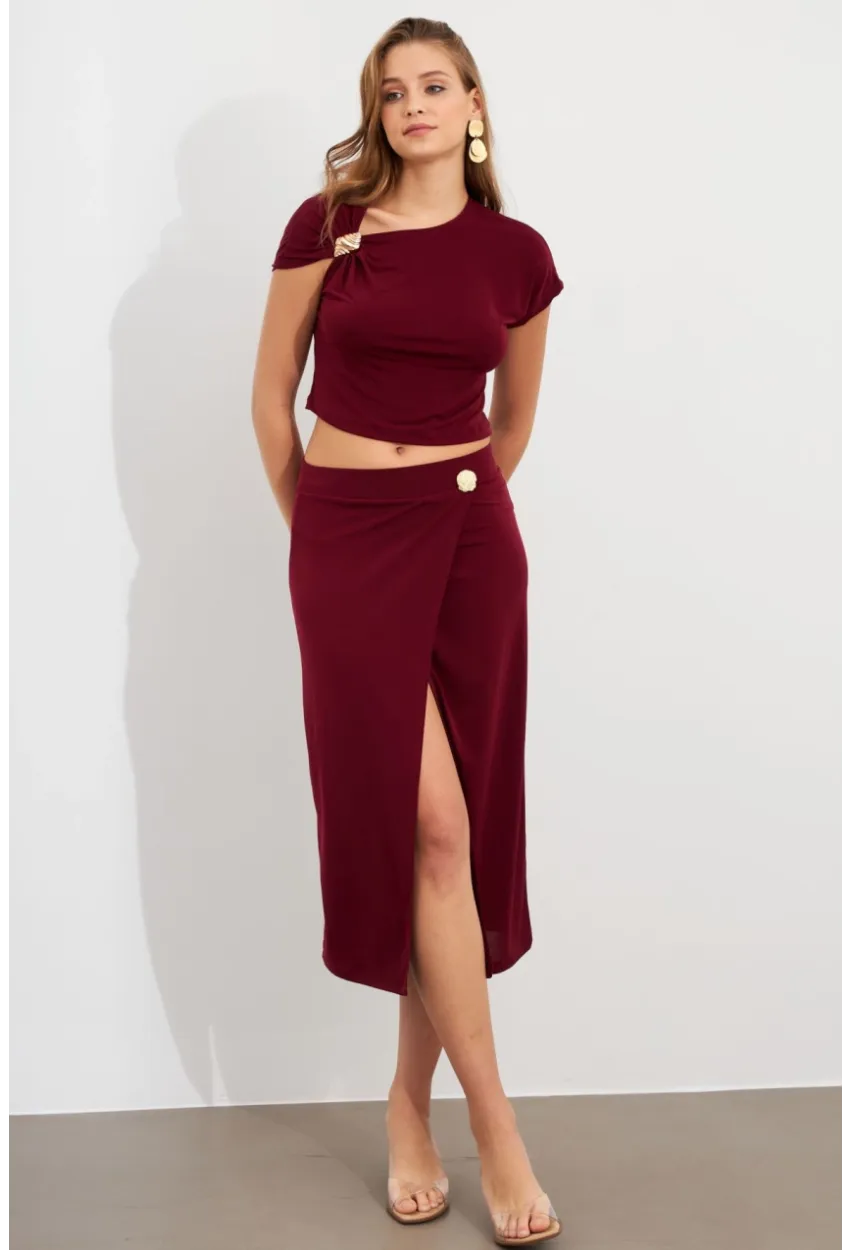 Kadın Bordo Dore Aksesuarlı İkili Takım UG7112