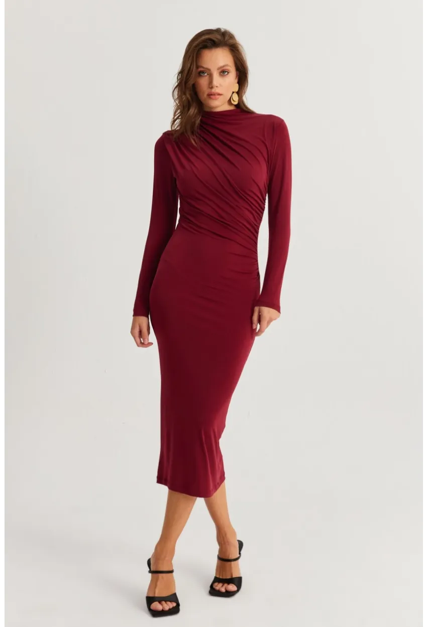 Kadın Bordo Drape Maxi Elbise DMR377