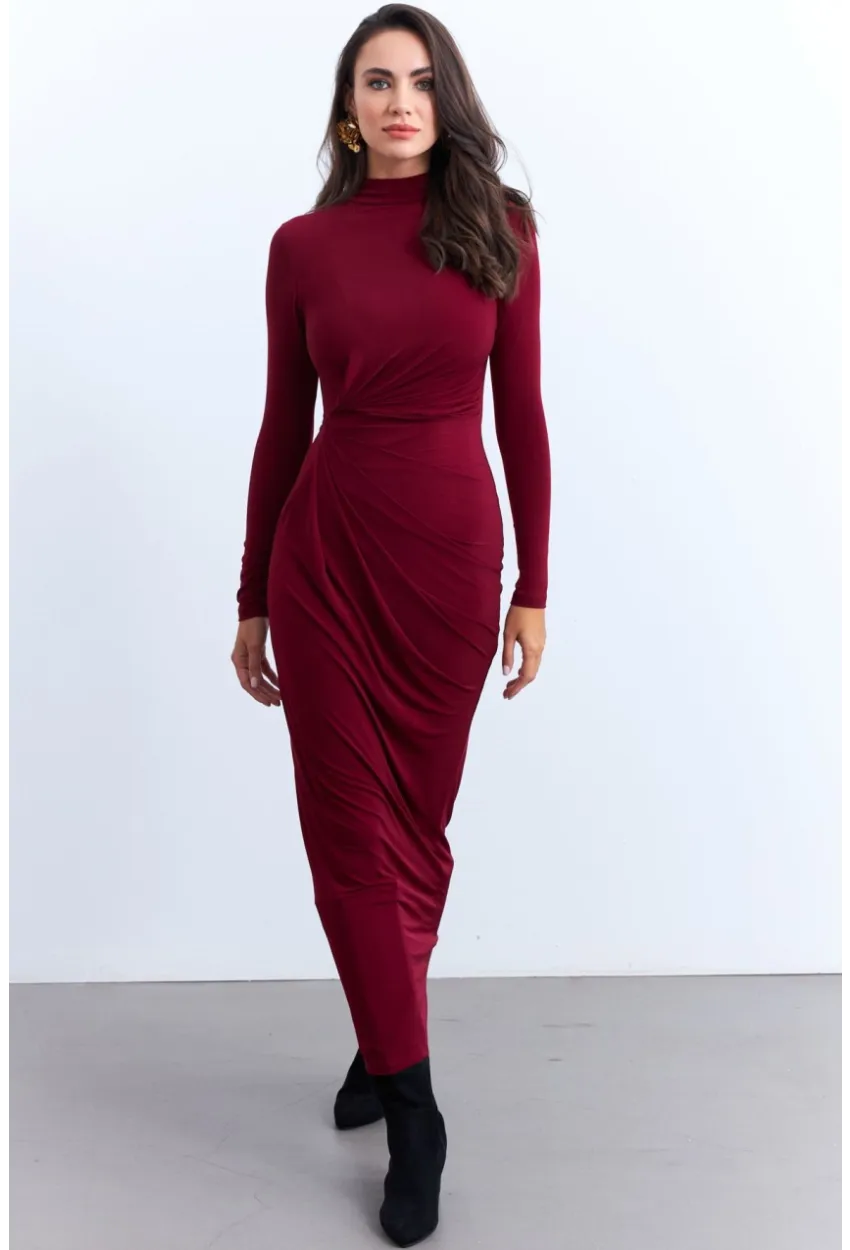 Kadın Bordo Drapeli Maxi Elbise LİK12
