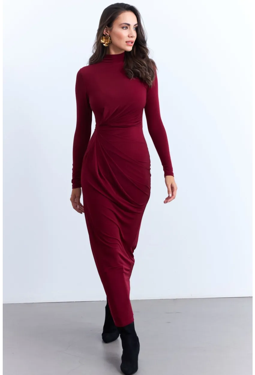 Kadın Bordo Drapeli Maxi Elbise LİK12