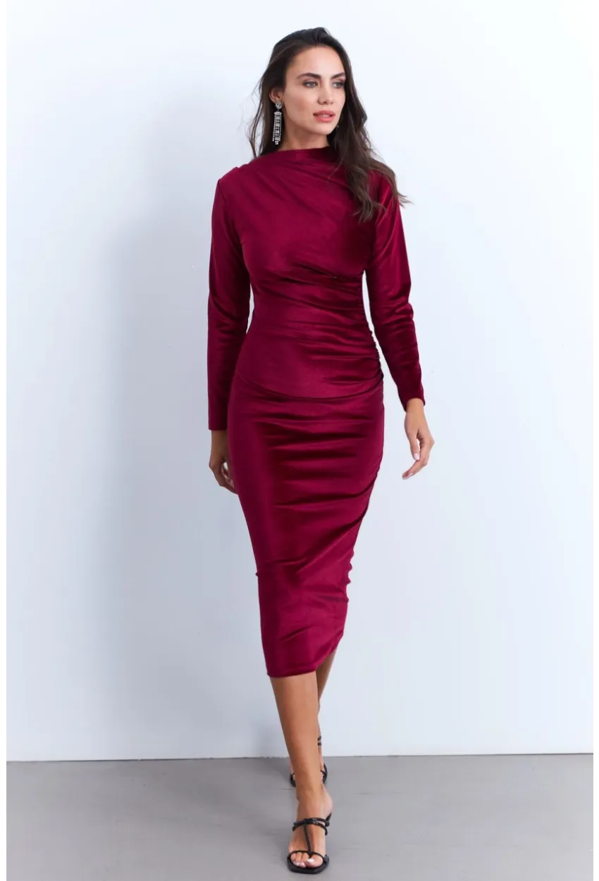 Kadın Bordo Drapeli Midi Elbise MON1113