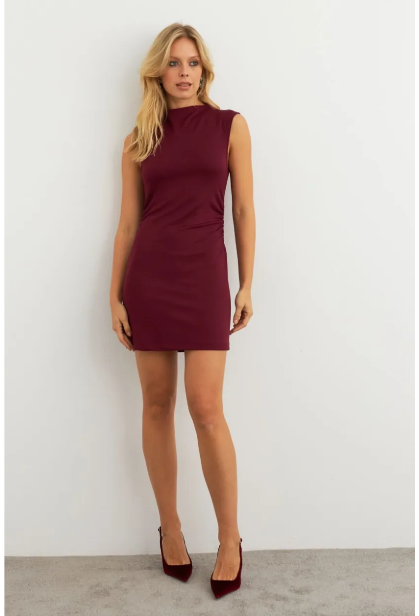 Kadın Bordo Drapeli Mini Elbise SE6