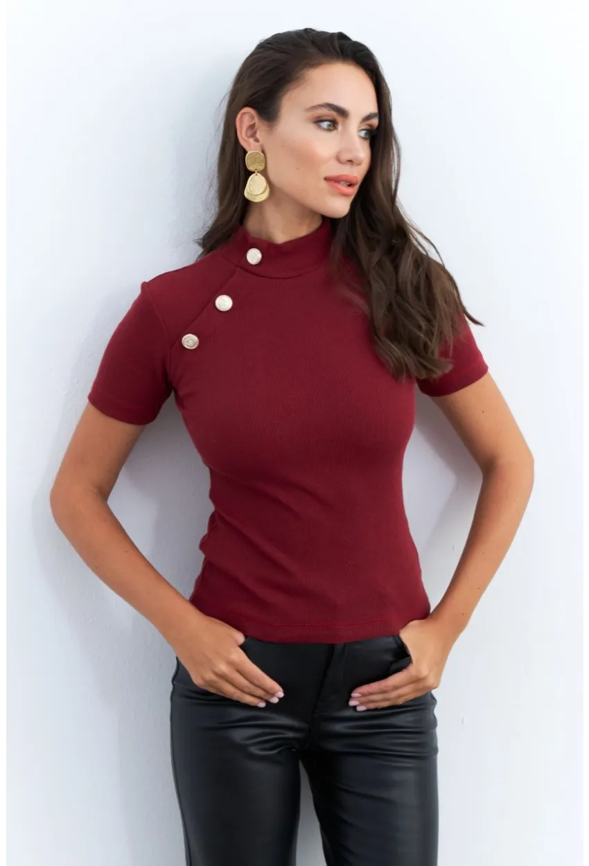 Kadın Bordo Düğme Aksesuarlı Kaşkorse Bluz EY2560