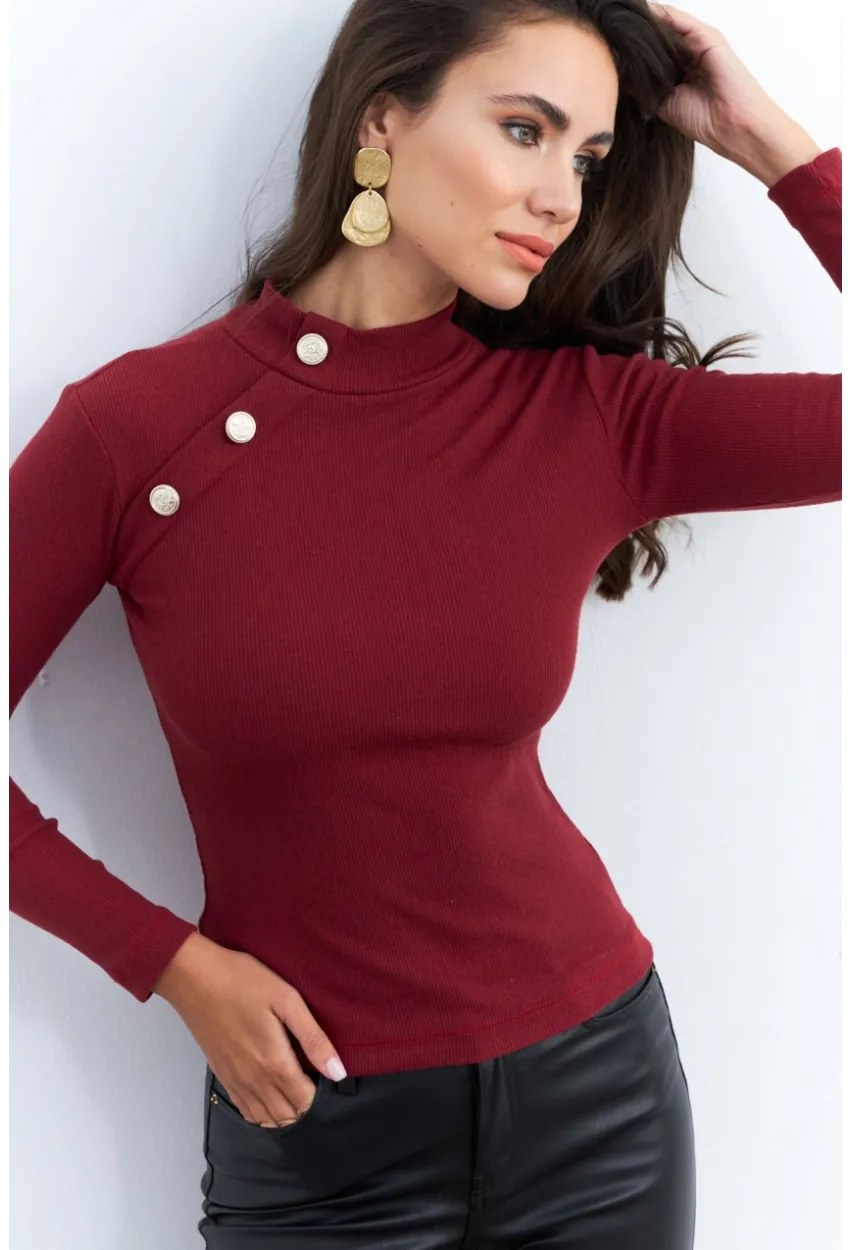Kadın Bordo Düğme Aksesuarlı Kaşkorse Bluz EY2579