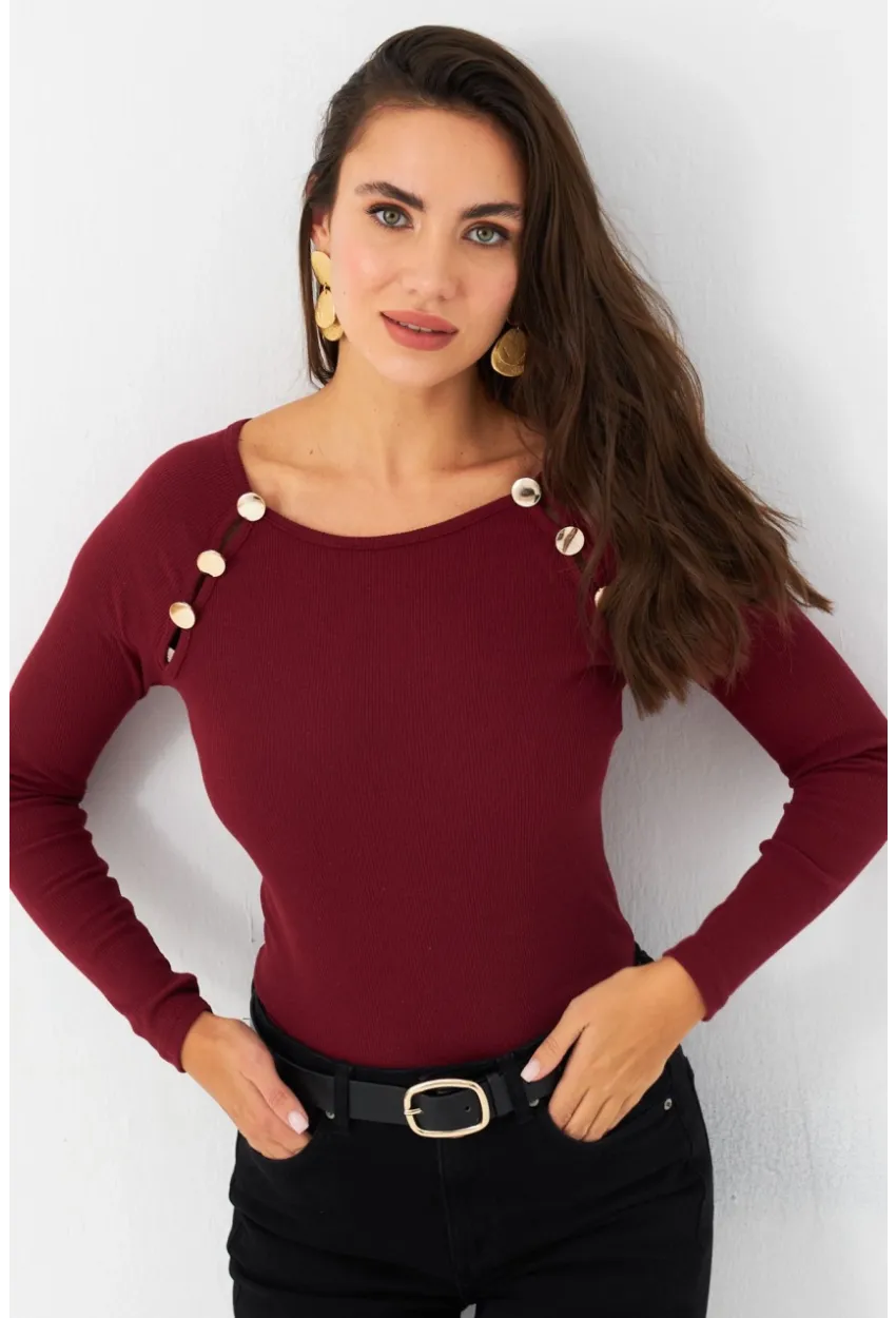 Kadın Bordo Düğme Aksesuarlı Kaşkorse Bluz EY2945