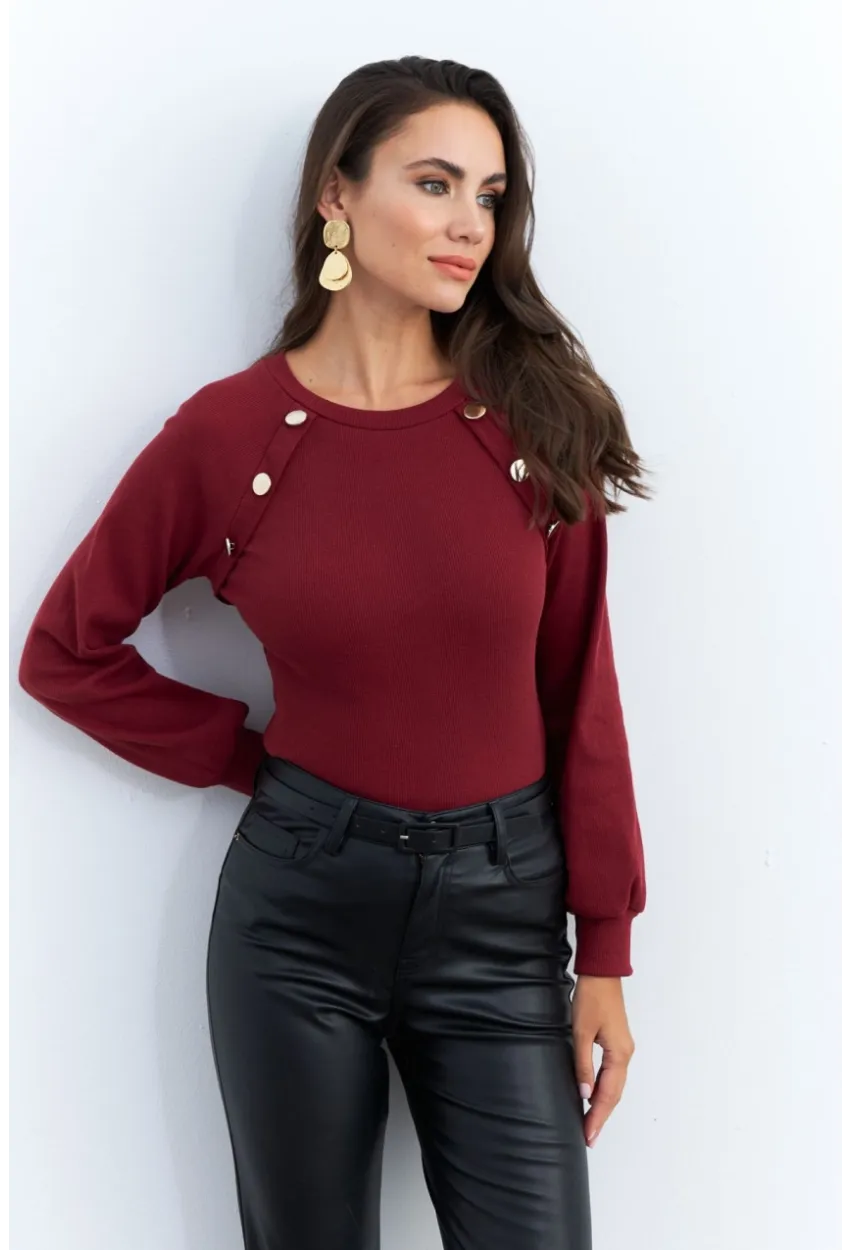 Kadın Bordo Düğme Aksesuarlı Kaşkorse Bluz EY2946
