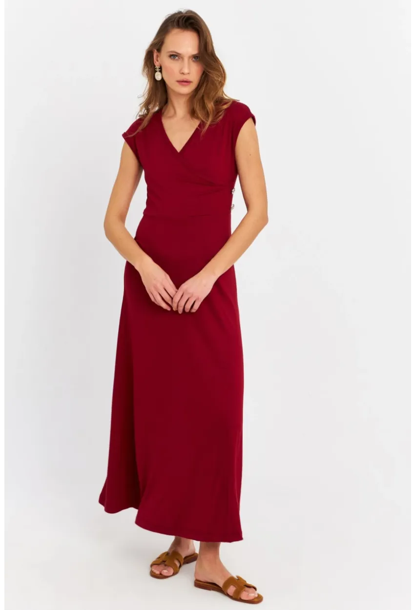 Kadın Bordo Düğme Detaylı Kruvaze Midi Elbise MEY0011