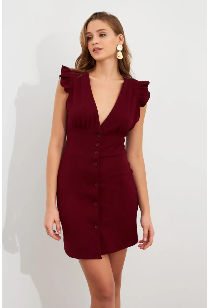 Kadın Bordo Düğme Detaylı Mini Elbise DAF5033