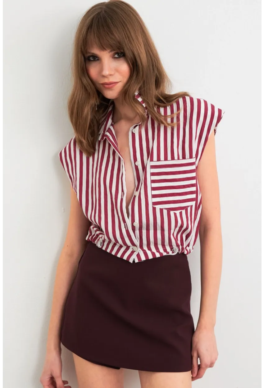 Kadın Bordo-Ekru Büzgülü Kolsuz Crop Gömlek RLO92