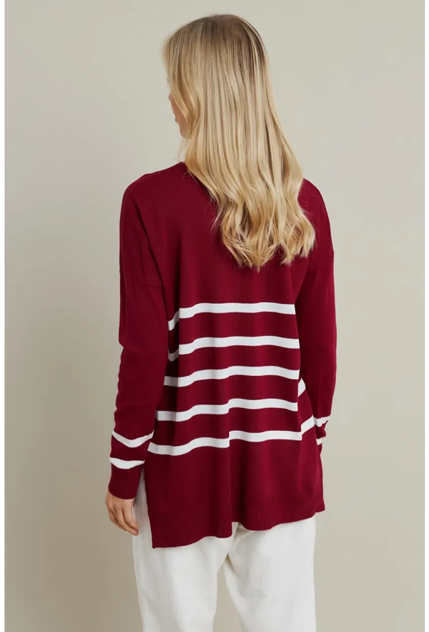 Kadın Bordo-Ekru V Yaka Çizgili Triko Kazak MYİL550