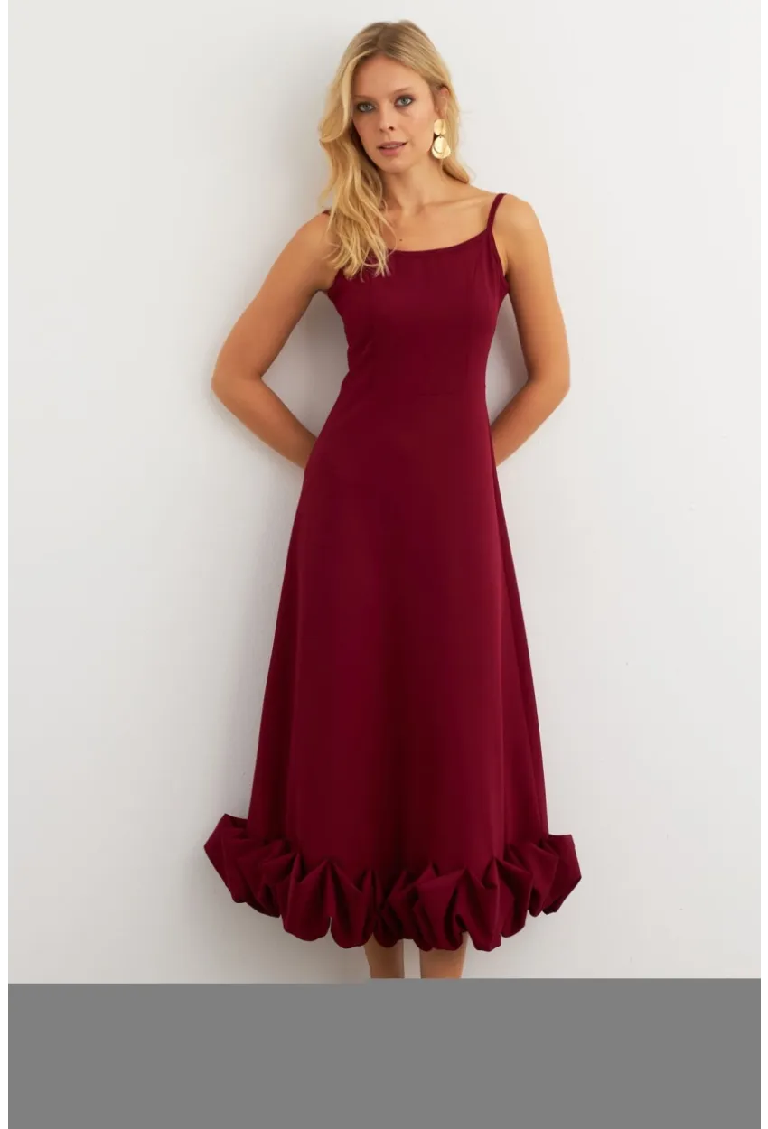 Kadın Bordo Eteği Fırfırlı Şık Maxi Elbise FRY2266