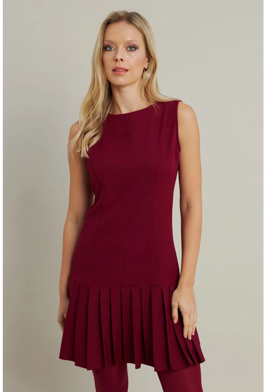 Kadın Bordo Etegi Pileli Mini Elbise FRY2265