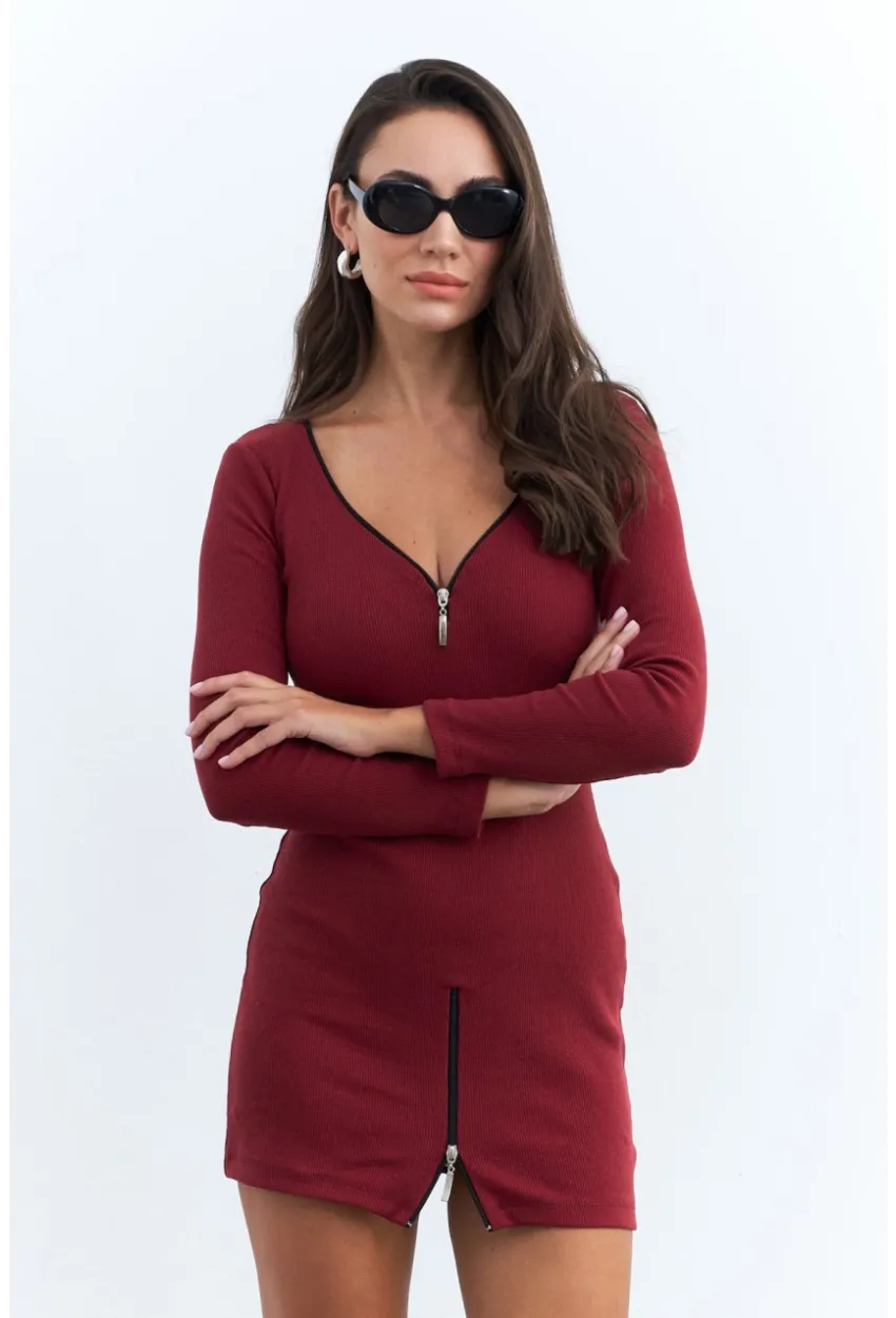 Kadın Bordo Fermuarlı Kaşkorse Mini Elbise EY2530