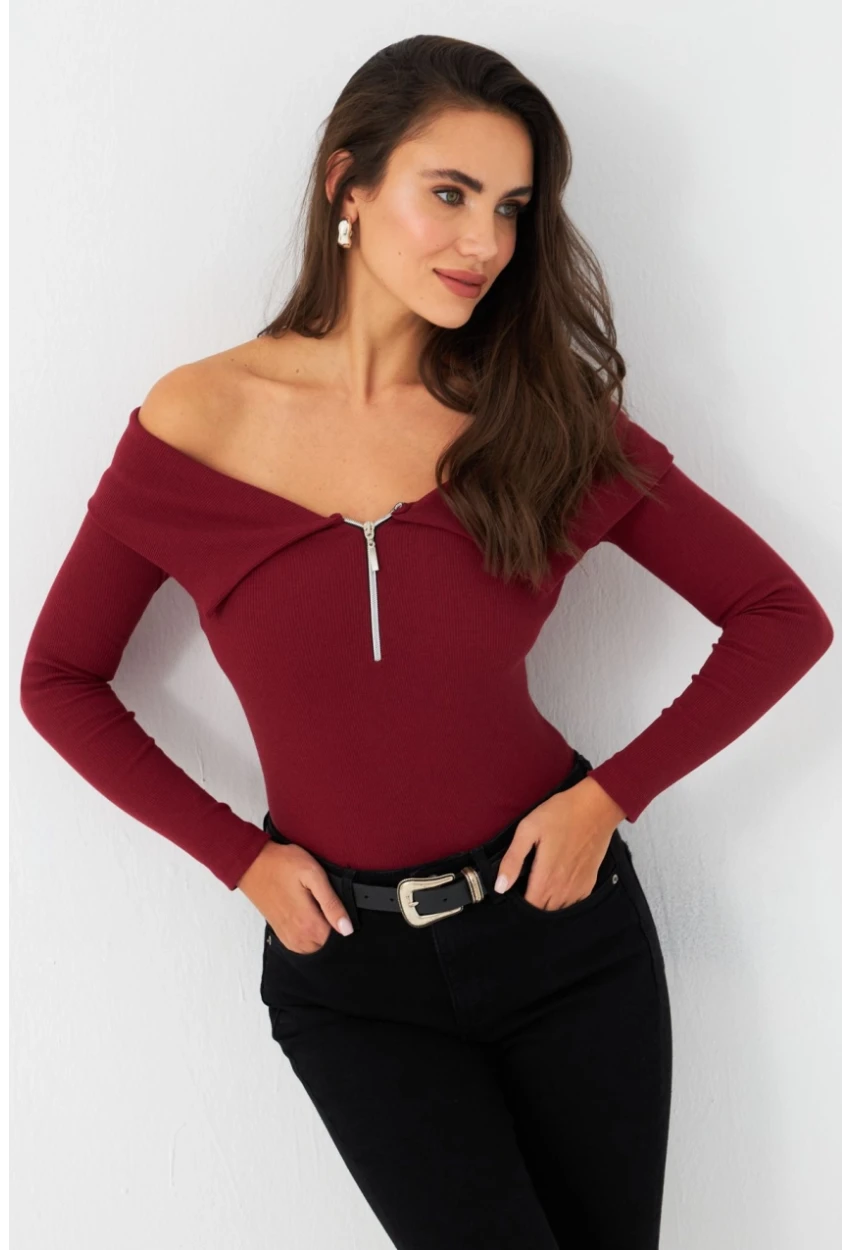 Kadın Bordo Fermuarlı Madonna Yaka Bluz EY2559