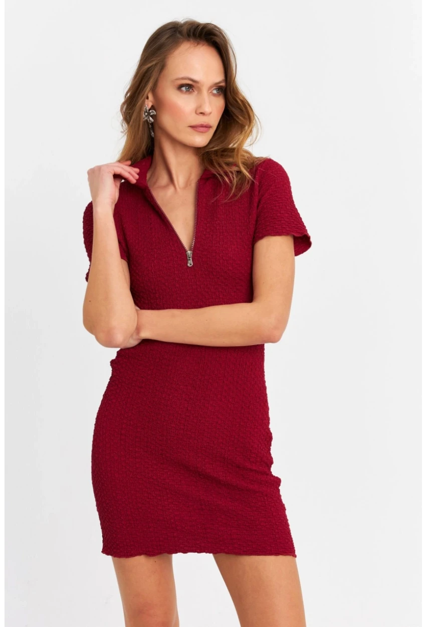 Kadın Bordo Fermuarlı Mini Elbise MOD2441