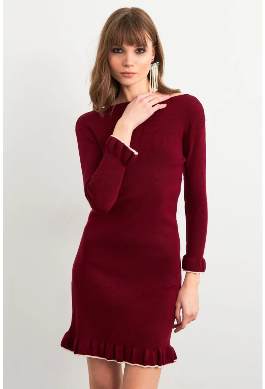 Kadın Bordo Fırfırlı Basic Triko Midi Elbise SF2559